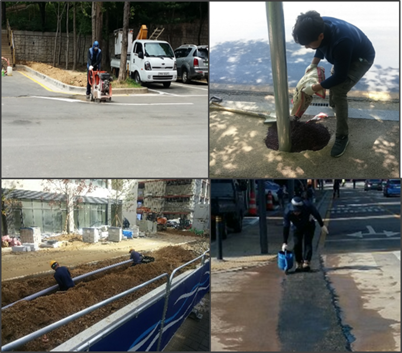 광명시 CCTV 자가통신망 구축을 위한 관로와 통신용 강관주 시공 현장
