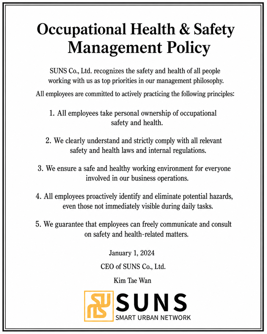 Official SUNS Safety and Health Management Policy in English