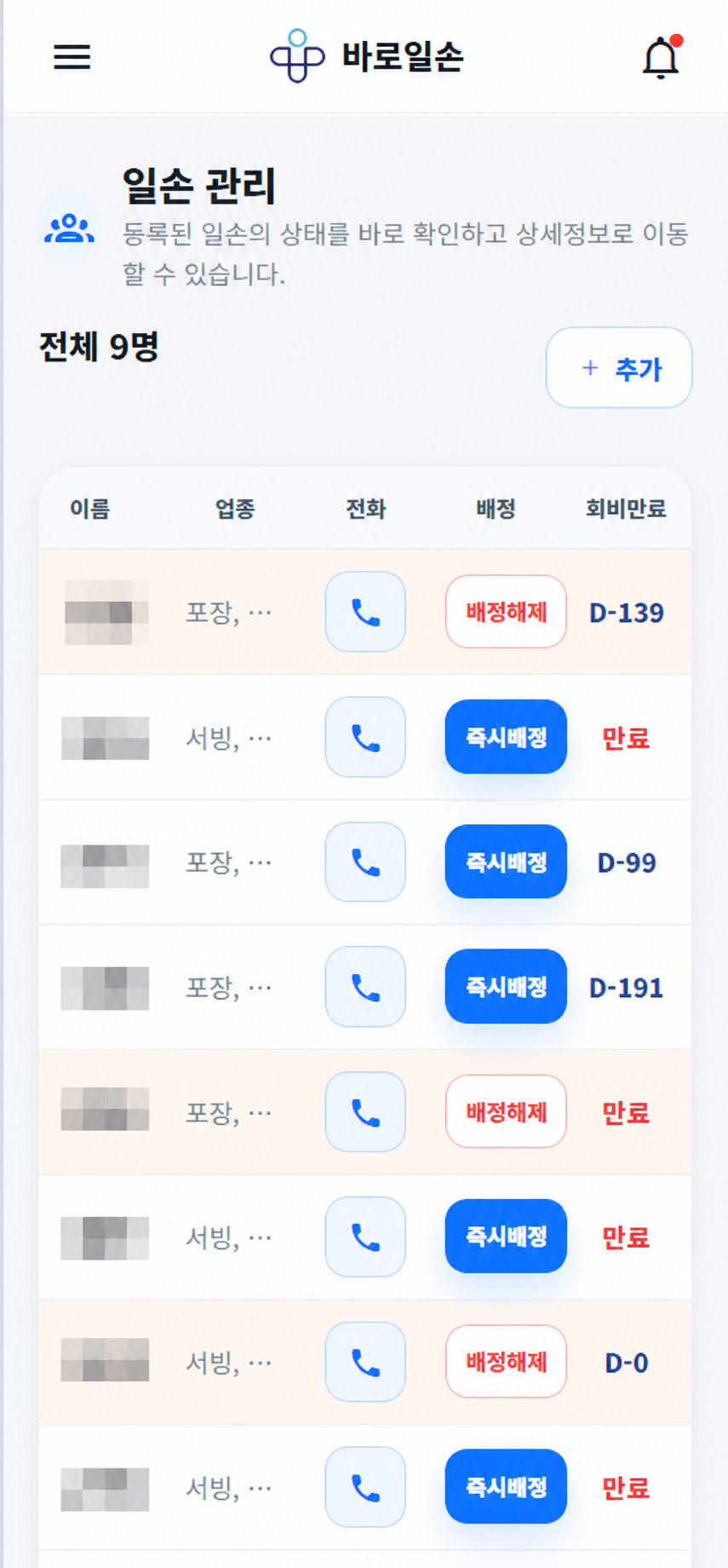 개인 이름이 가려진 바로일손 일손 관리 시제품 화면