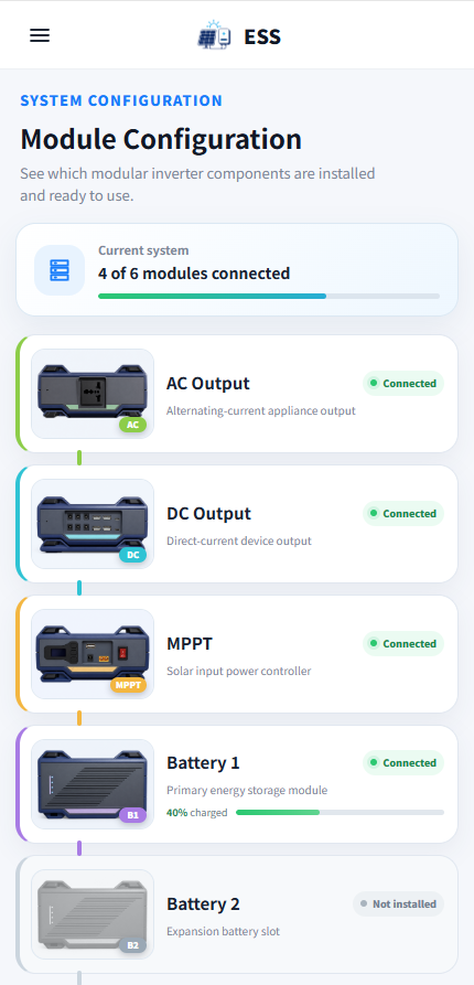 AC, DC, MPPT와 배터리 모듈 상태를 보여주는 EMS 구성 화면