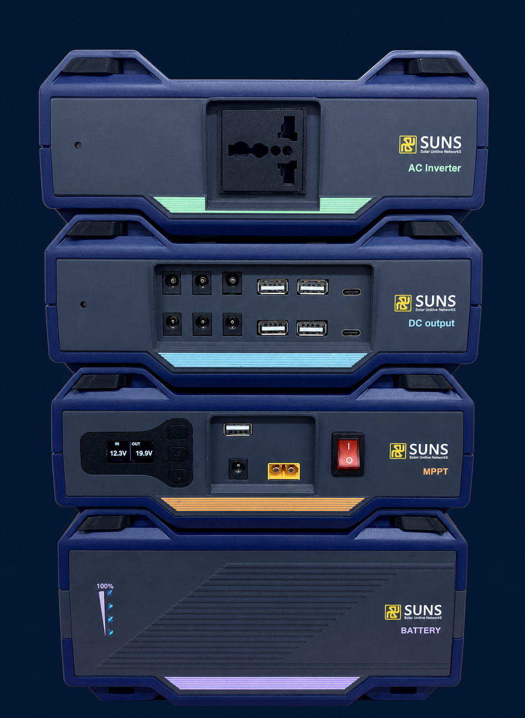 AC 출력, DC 출력, MPPT와 배터리 모듈이 위에서부터 결합된 SUNS Home Solar 대표 구성